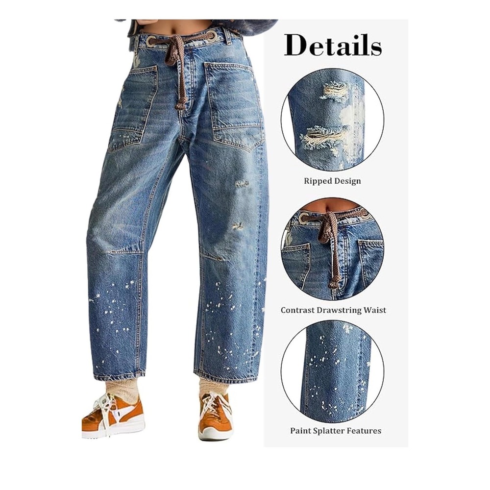 We The Free Free People Old West Slouchy Jeans 31 Paint Splatter Drawstring Blue - Picture 4 of 9